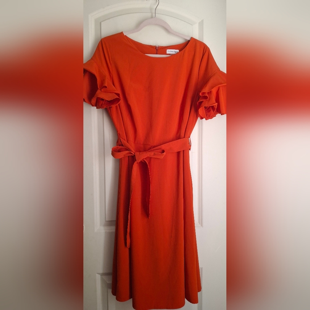 Calvin‎ klein womens mididress size 12 ruffle sleeve lighweight bussines casual